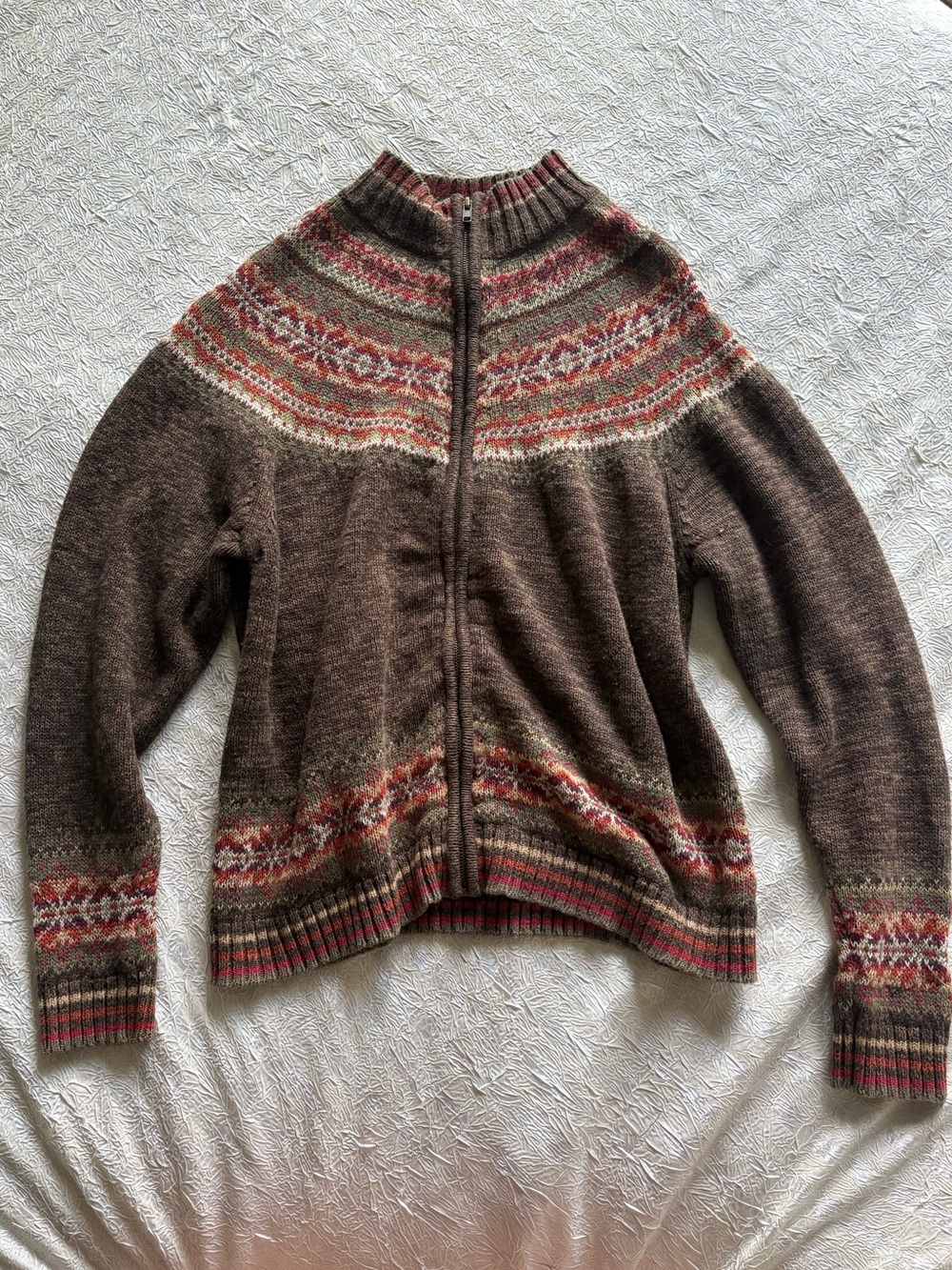 Womens Brown Heirloom Collectibles  Zip-Front Sweater - M